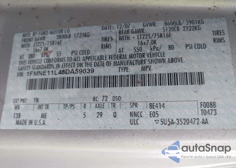 2008 Ford E-150 Xl/Xlt из США, поврежденный, VIN 1FMNE11L48DA59039